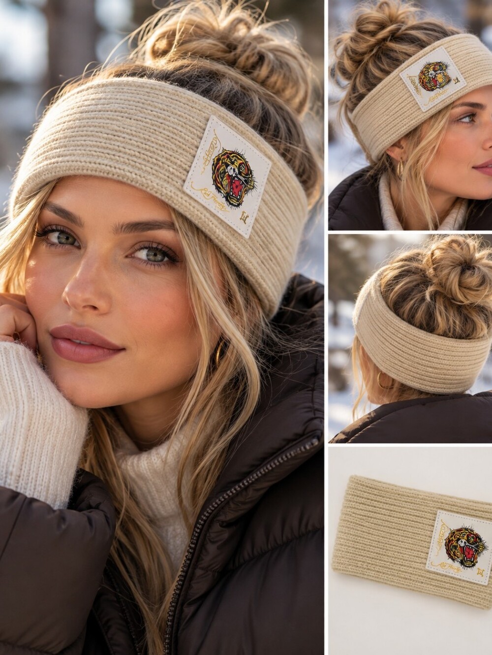 Ed Hardy Beige Knit Headband with Tiger Patch